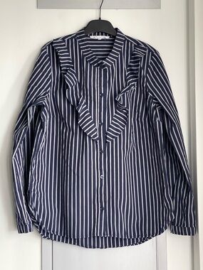 BCBGENERATION Striped Navy and Grey  Ruffle-Front Button Down Shirt